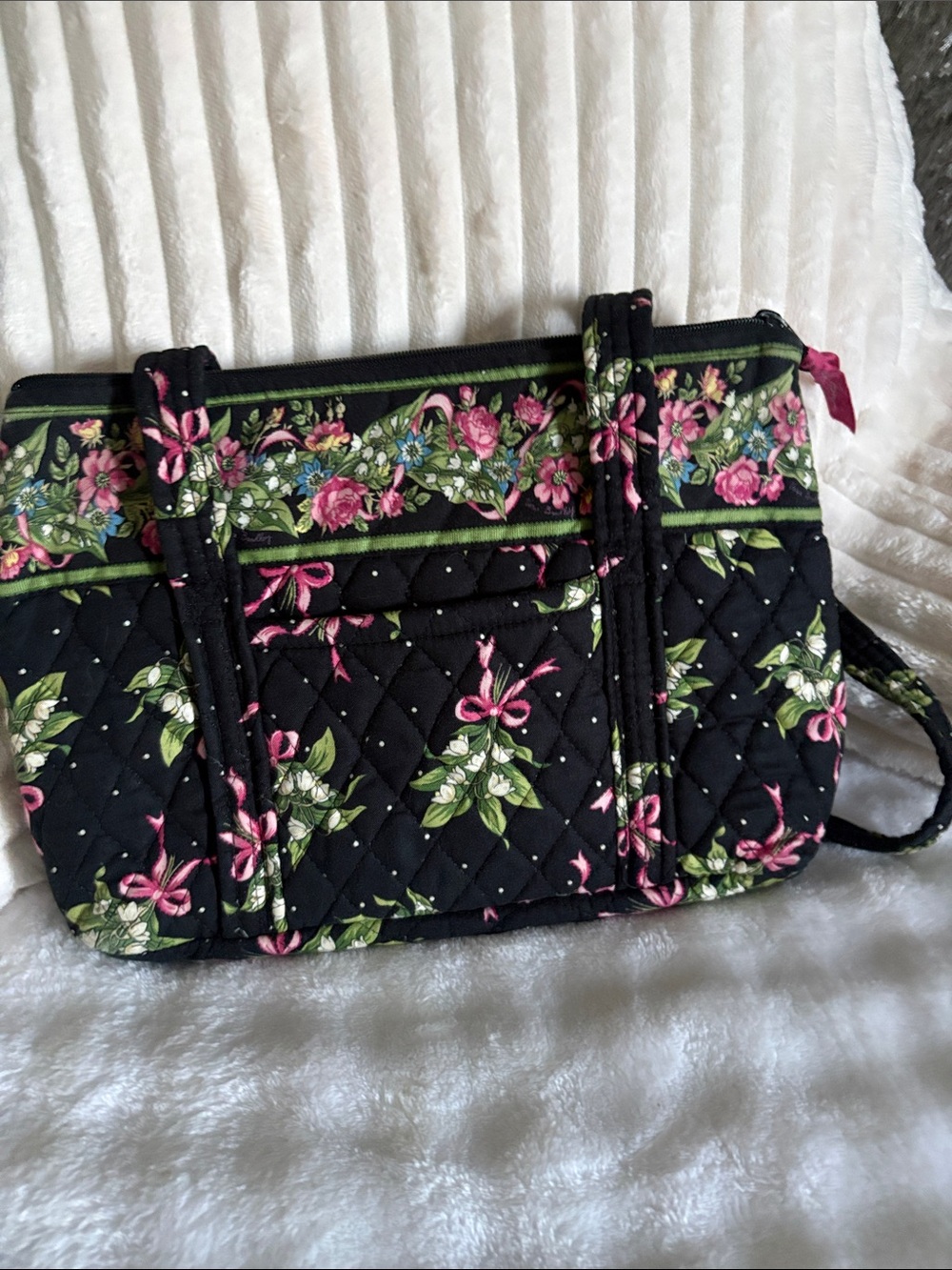 Vera Bradley Black Quilted Floral Tote with Pink & Green Accents 12x9